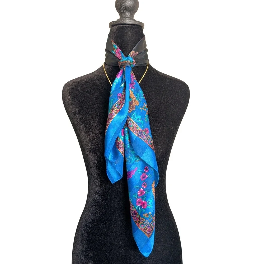 Vtg 80s Italian Accentric Chic Etro Inspired Aqua Blue Floral Satin Square Scarf